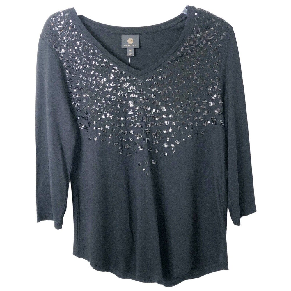 JM Collection NWT Women's Black V-Neck 3/4 Sleeves Sequin Blouse Size Petite M